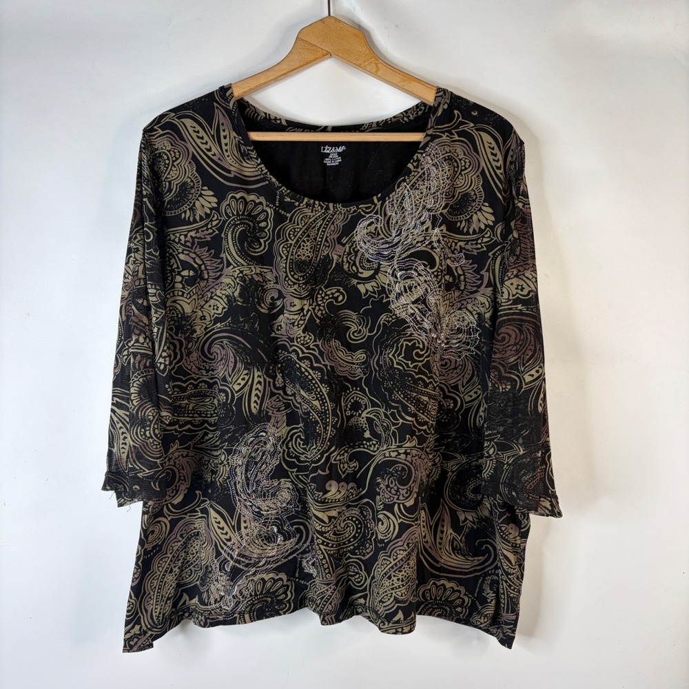 Liz & Me Top Womens 3XWP Black Paisley Embroidery Sequin 3/4 Sleeve Scoop Neck